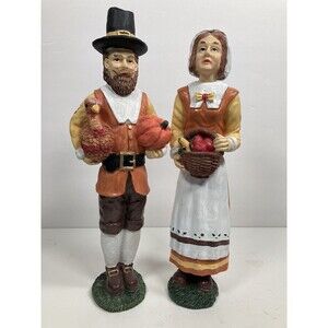 Thanksgiving Pilgrim Couple Figurine Statues Harvest Giving Thanks 10" EUC